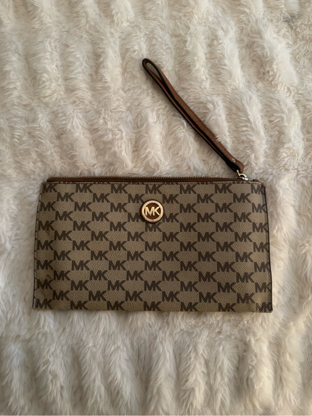 Michael Kors Brown Tan Signature Logo Wristlet with Gold MK Emblem